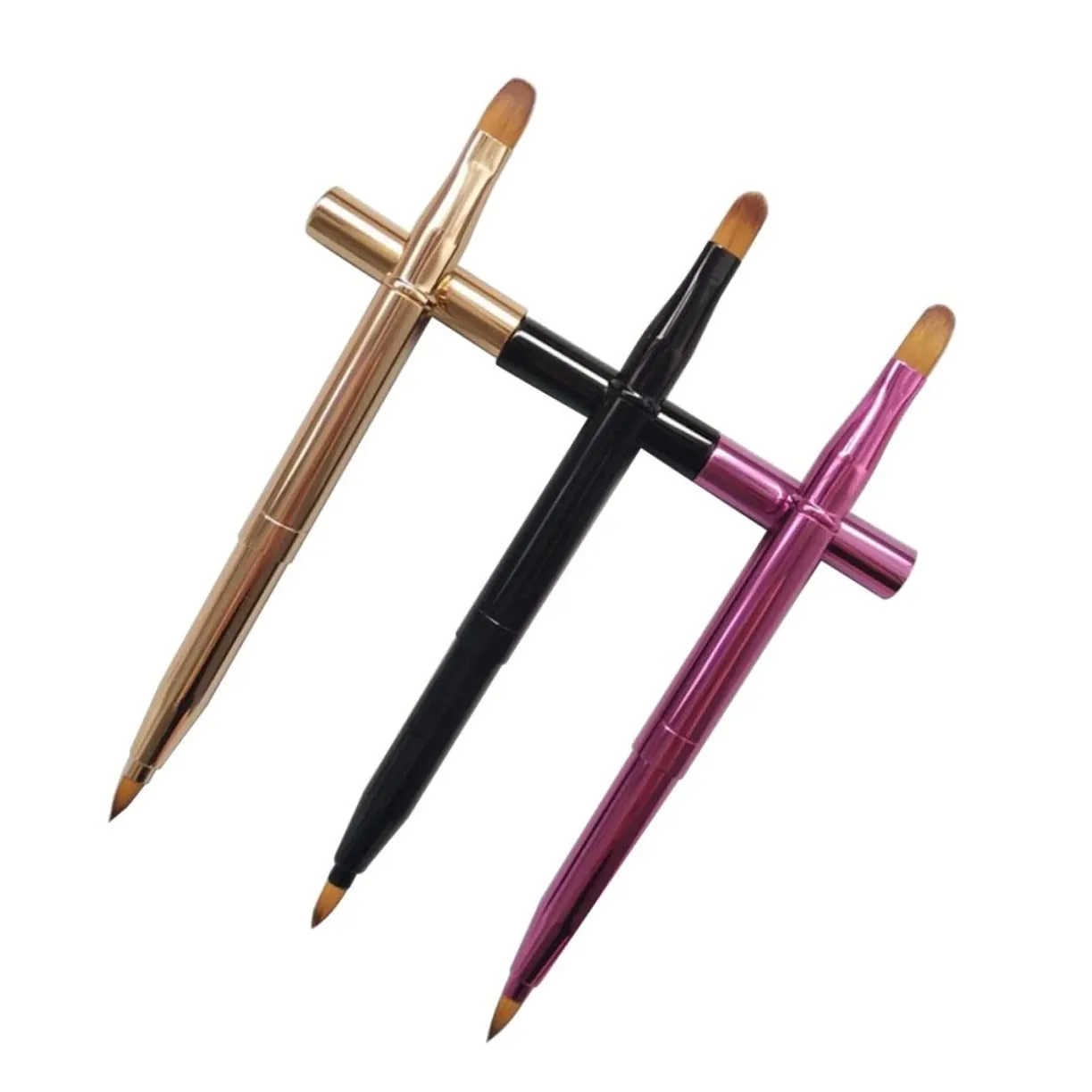 Angoily 2sets Double Headed Makeup Brush Set Retractable Lip Brushes for Lipstick Lip Gloss Black Purple Easy to Clean 3pcs*2