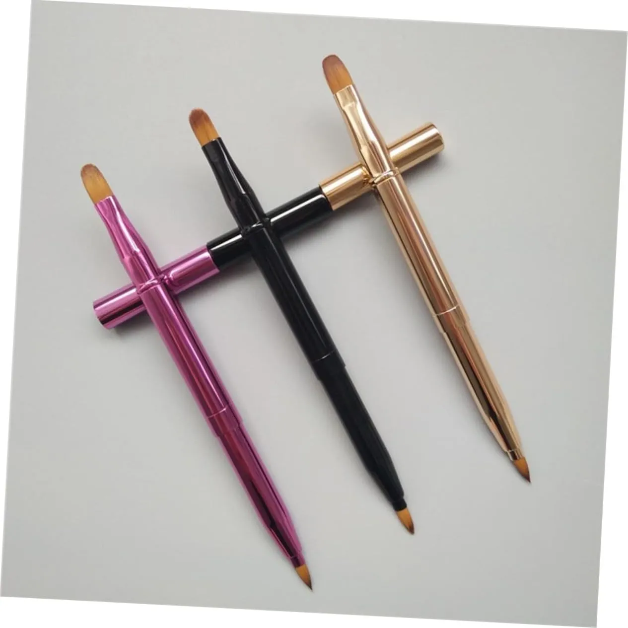 Angoily 2sets Double Headed Makeup Brush Set Retractable Lip Brushes for Lipstick Lip Gloss Black Purple Easy to Clean 3pcs*2