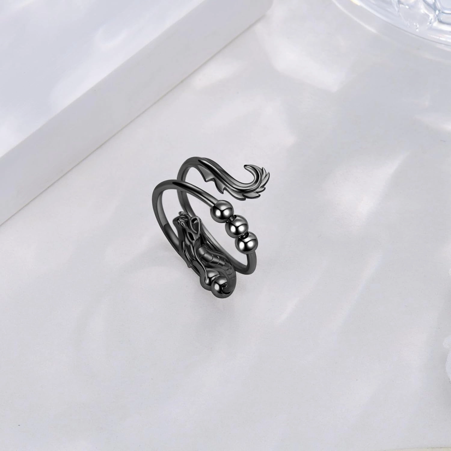 Anti Anxiety Ring 925 Sterling Silver Chinese Dragon Adjustable Anxiety Fidget Rings With Bead Spinner Rings Dragon Jewelry Gifts for Men Women