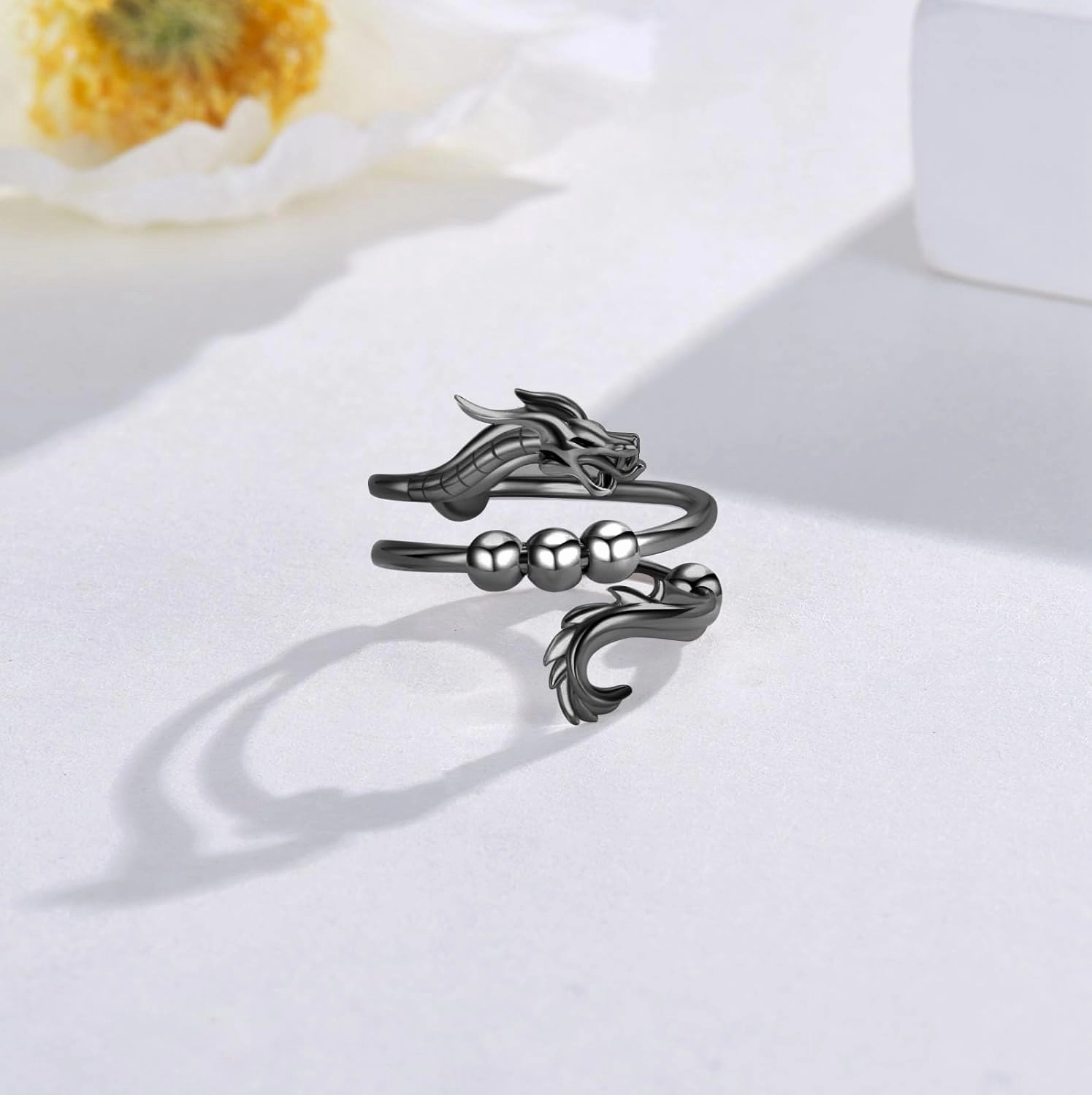 Anti Anxiety Ring 925 Sterling Silver Chinese Dragon Adjustable Anxiety Fidget Rings With Bead Spinner Rings Dragon Jewelry Gifts for Men Women