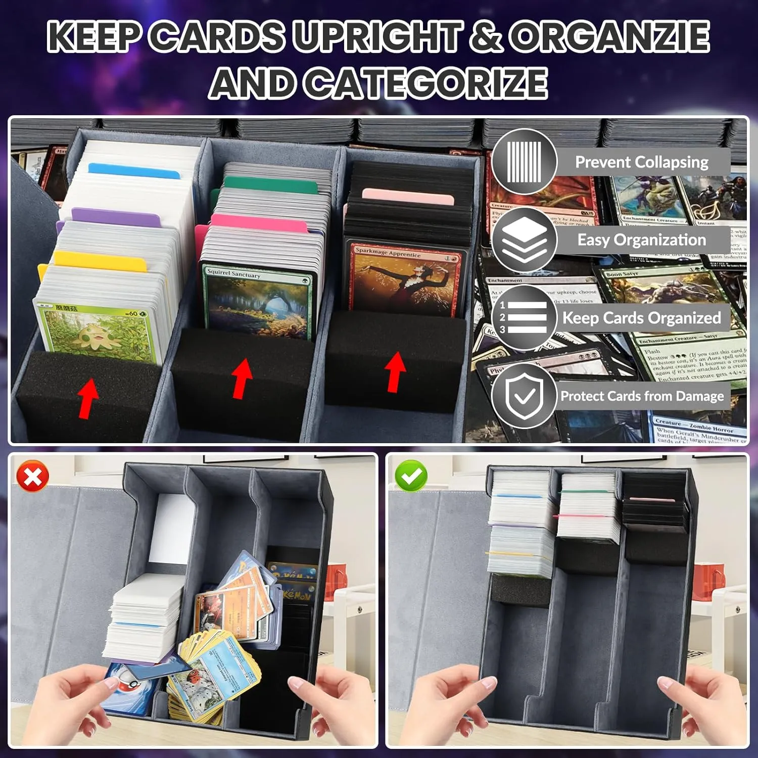 AOBOPLE 1800  Trading Card Storage Box,MTG Deck Box with 10 Pcs Colorful Dividers & 3 Foam Supporters Commander Card Deck Case for Magic Game Cards, TCG, PTG