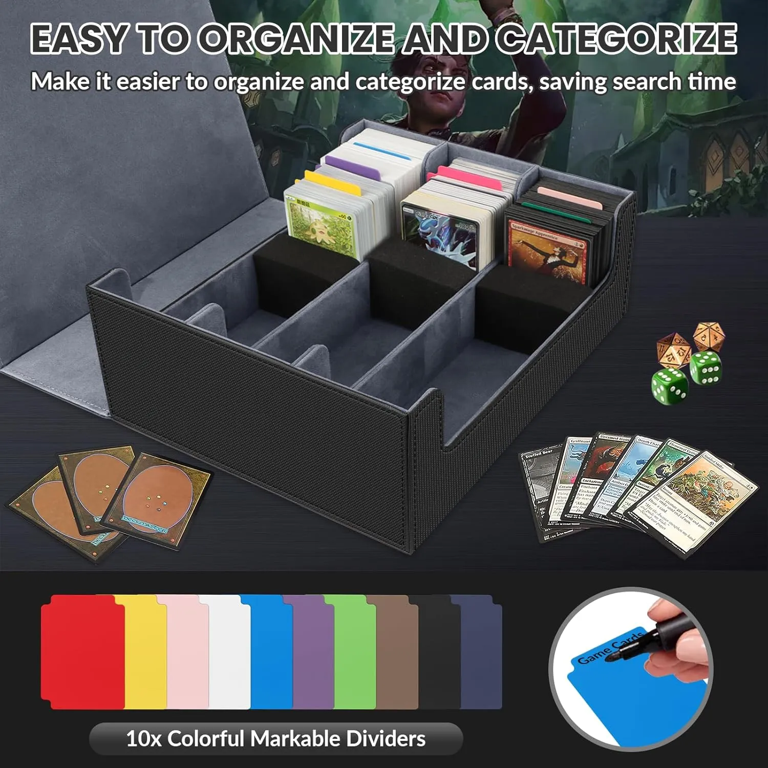 AOBOPLE 1800  Trading Card Storage Box,MTG Deck Box with 10 Pcs Colorful Dividers & 3 Foam Supporters Commander Card Deck Case for Magic Game Cards, TCG, PTG