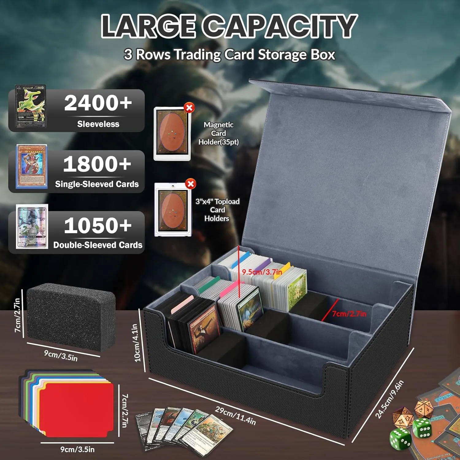 AOBOPLE 1800  Trading Card Storage Box,MTG Deck Box with 10 Pcs Colorful Dividers & 3 Foam Supporters Commander Card Deck Case for Magic Game Cards, TCG, PTG