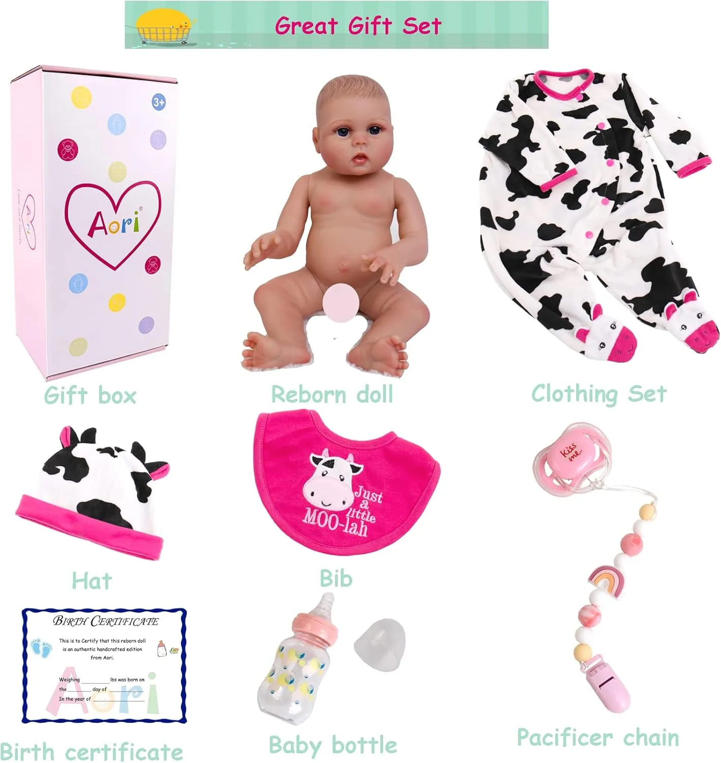 Aori Lifelike Reborn Baby Doll - 18 inch Full Body Soft Vinyl Real Life Baby Girl,Poseable Anatomically Correct Realistic Toddler Dolls with Feeding Kit Gift for Kids Age 3 