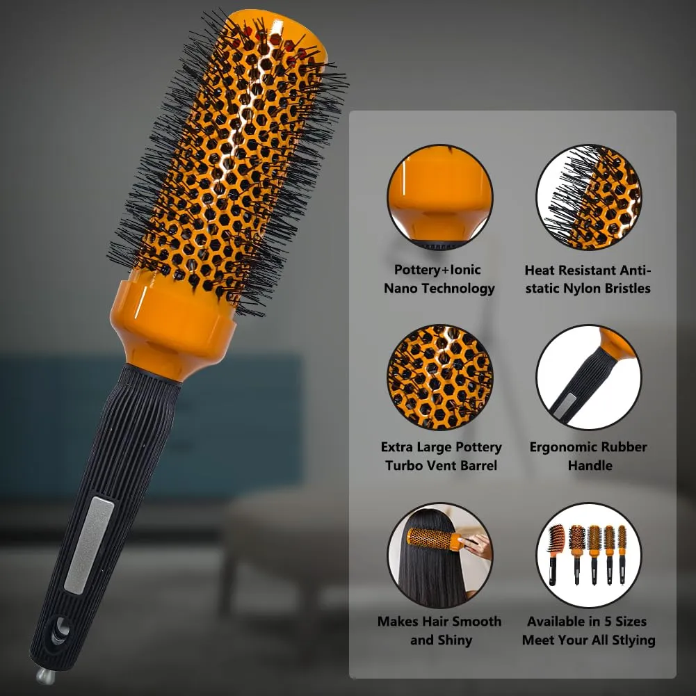 Aozzy 5pcs Blow-Drying Round Hair Brush Set - Ceramic, Boar Bristle Brush for Women - Thermal Barrel Brush Set, Styling & Roller Brush for Shiny, Smooth and Bouncy Hair, Orange