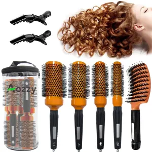 Aozzy 5pcs Blow-Drying Round Hair Brush Set - Ceramic, Boar Bristle Brush for Women - Thermal Barrel Brush Set, Styling & Roller Brush for Shiny, Smooth and Bouncy Hair, Orange