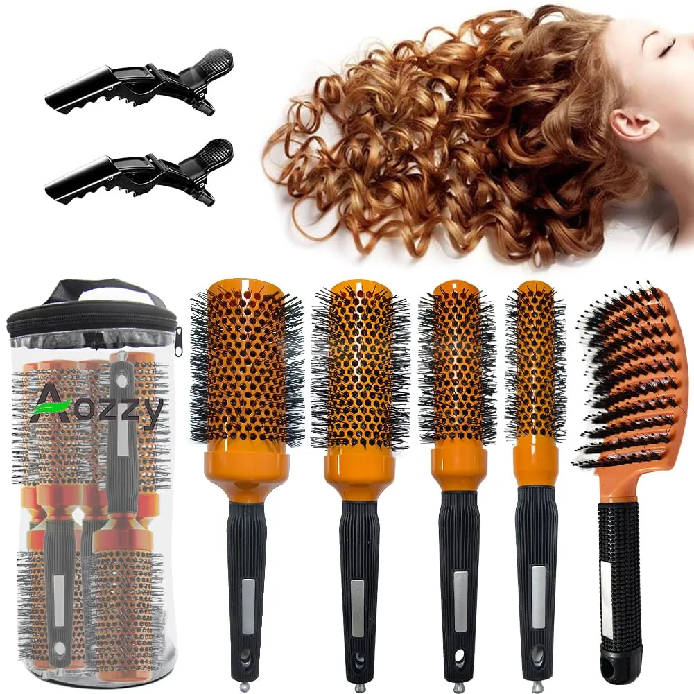 Aozzy 5pcs Blow-Drying Round Hair Brush Set - Ceramic, Boar Bristle Brush for Women - Thermal Barrel Brush Set, Styling & Roller Brush for Shiny, Smooth and Bouncy Hair, Orange