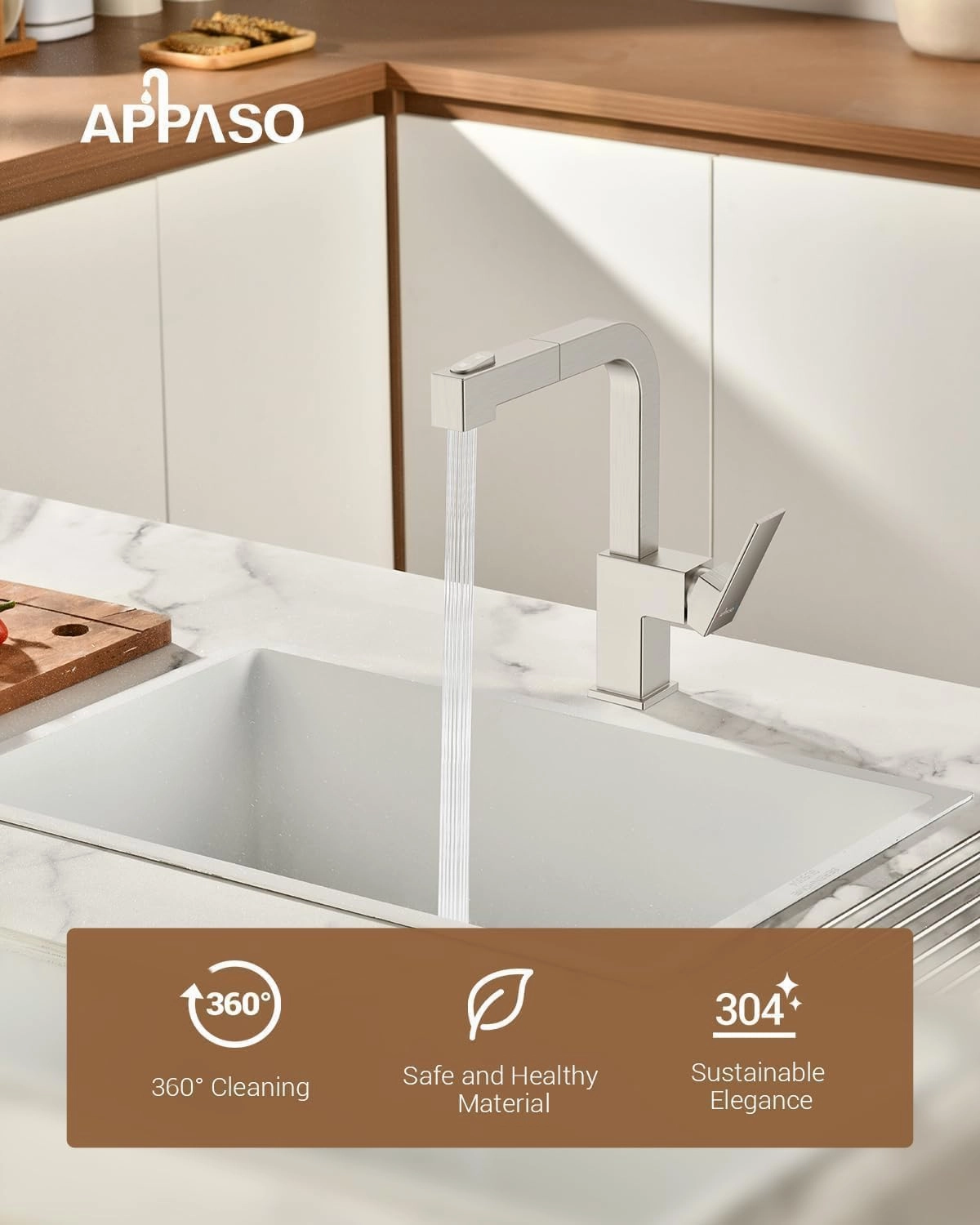 APPASO Square Kitchen Faucet, Brushed Nickel Sink Faucets with Pull Down Sprayer, Single Handle Modern Pull Out Faucet for Bar Sink Kitchen, Stainless Steel Faucet for Kitchen Sink 1 or 3 Holes