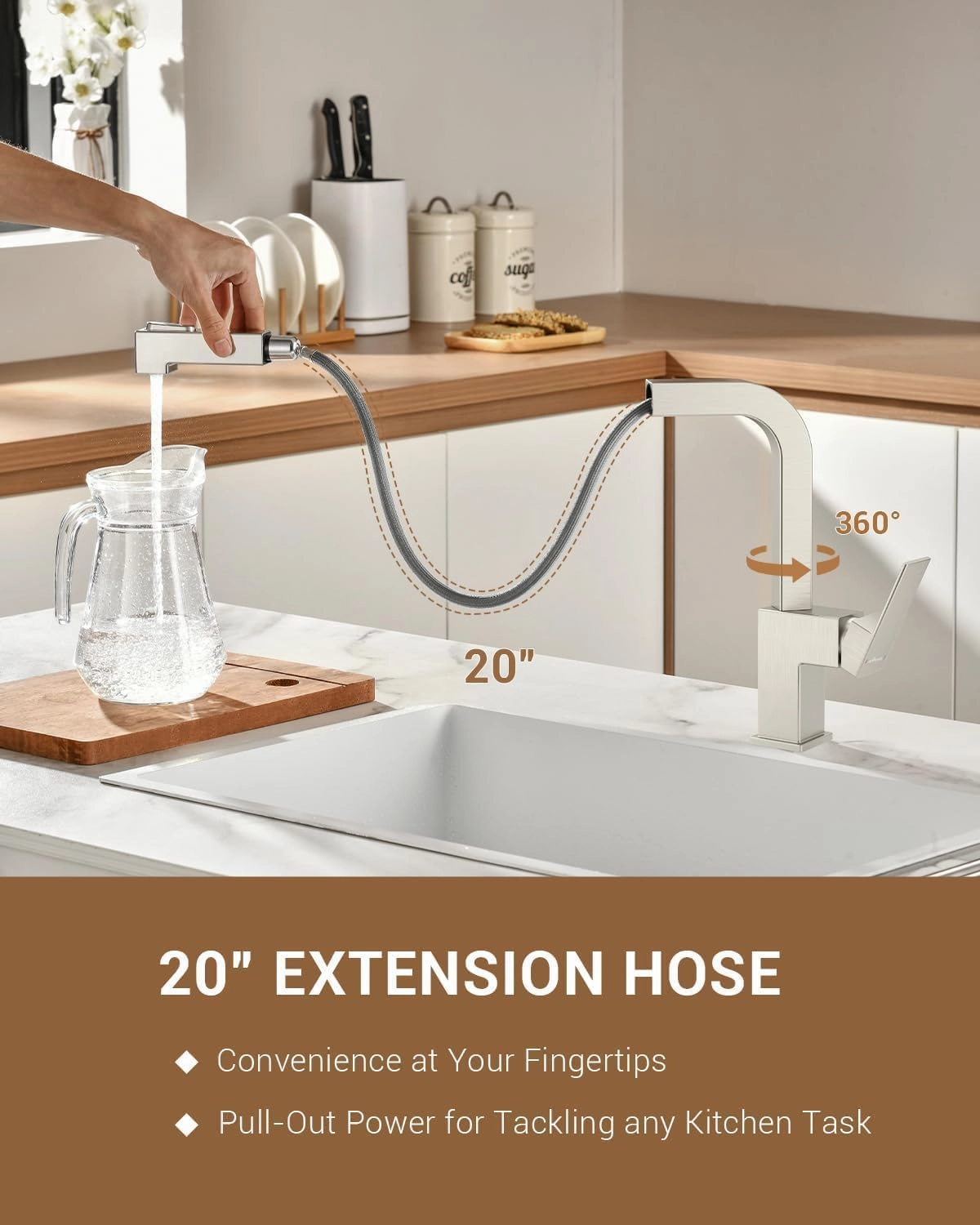 APPASO Square Kitchen Faucet, Brushed Nickel Sink Faucets with Pull Down Sprayer, Single Handle Modern Pull Out Faucet for Bar Sink Kitchen, Stainless Steel Faucet for Kitchen Sink 1 or 3 Holes