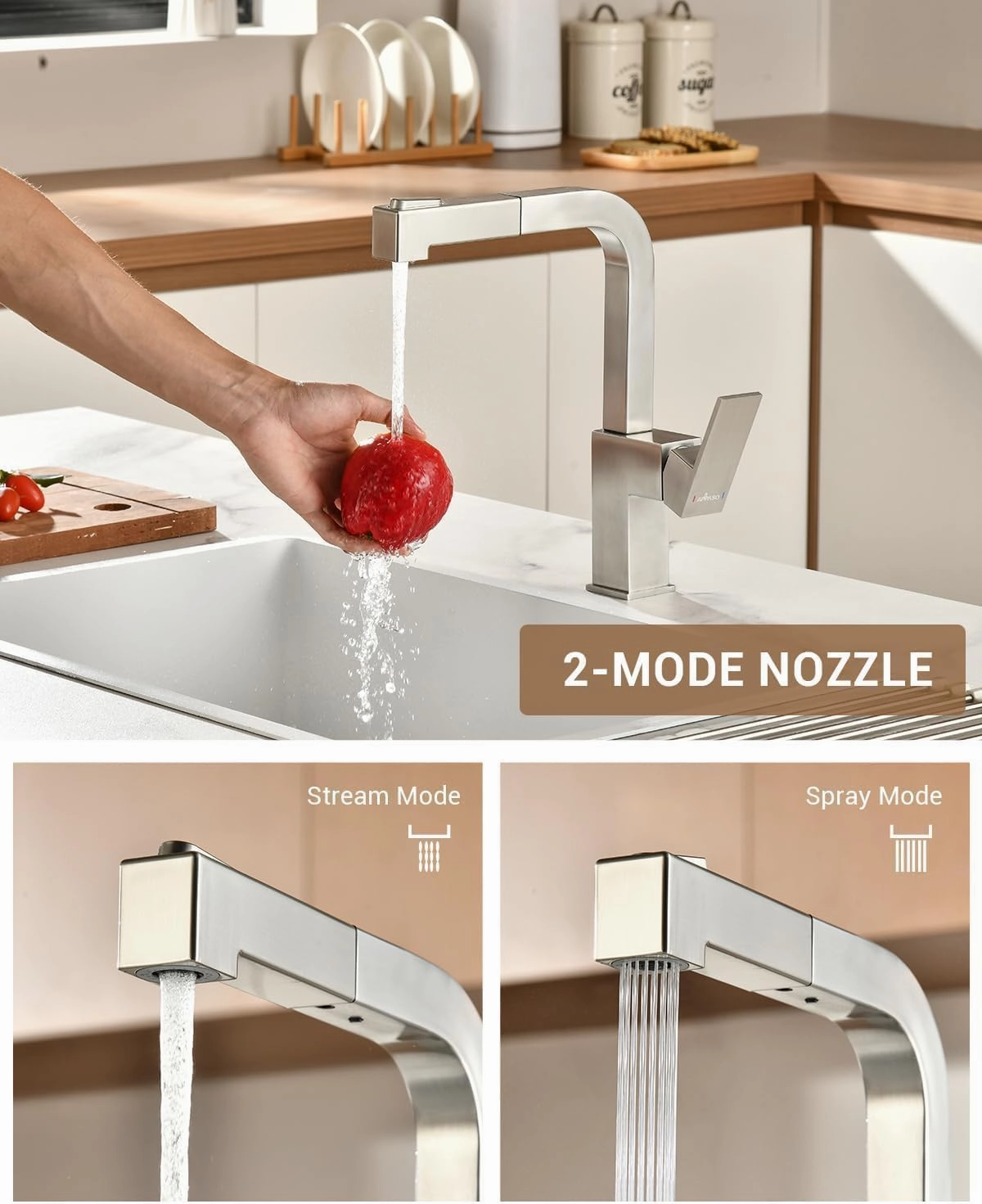 APPASO Square Kitchen Faucet, Brushed Nickel Sink Faucets with Pull Down Sprayer, Single Handle Modern Pull Out Faucet for Bar Sink Kitchen, Stainless Steel Faucet for Kitchen Sink 1 or 3 Holes