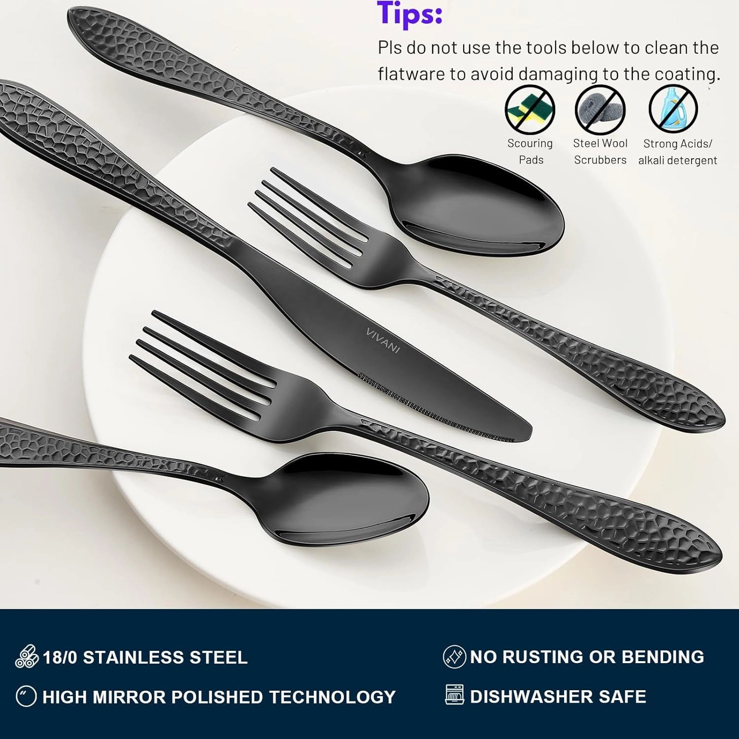 Arlox 40-Piece Black Silverware Set for 8, Stainless Steel Black Flatware Set, Hammered Utensils Cutlery Set, Mirror Polished, Dishwasher Safe