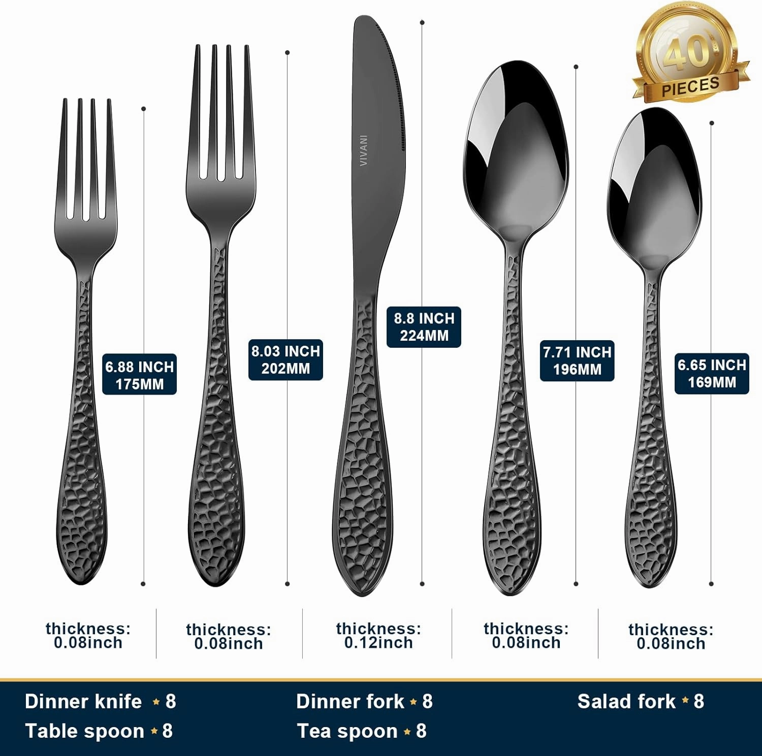 Arlox 40-Piece Black Silverware Set for 8, Stainless Steel Black Flatware Set, Hammered Utensils Cutlery Set, Mirror Polished, Dishwasher Safe