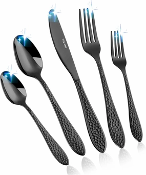 Arlox 40-Piece Black Silverware Set for 8, Stainless Steel Black Flatware Set, Hammered Utensils Cutlery Set, Mirror Polished, Dishwasher Safe