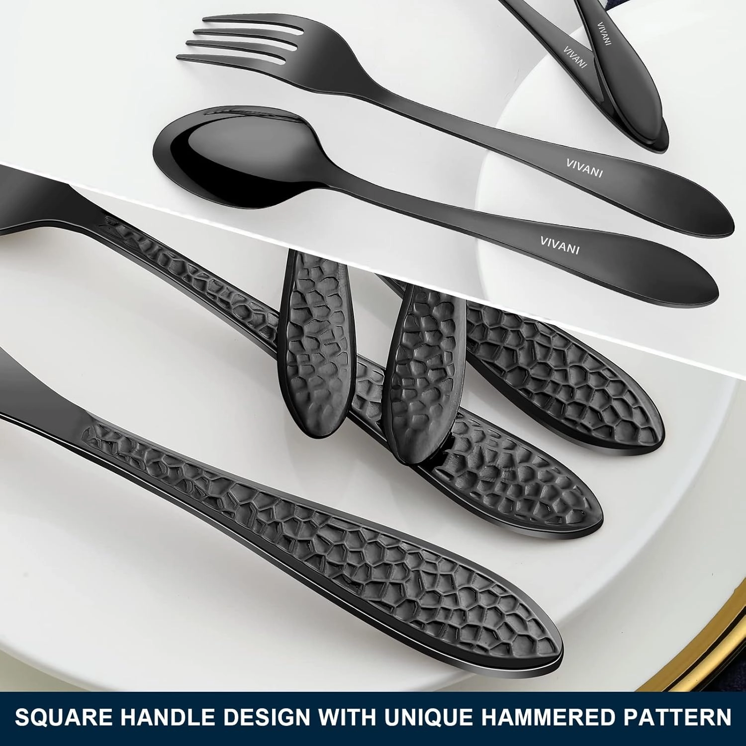Arlox 40-Piece Black Silverware Set for 8, Stainless Steel Black Flatware Set, Hammered Utensils Cutlery Set, Mirror Polished, Dishwasher Safe