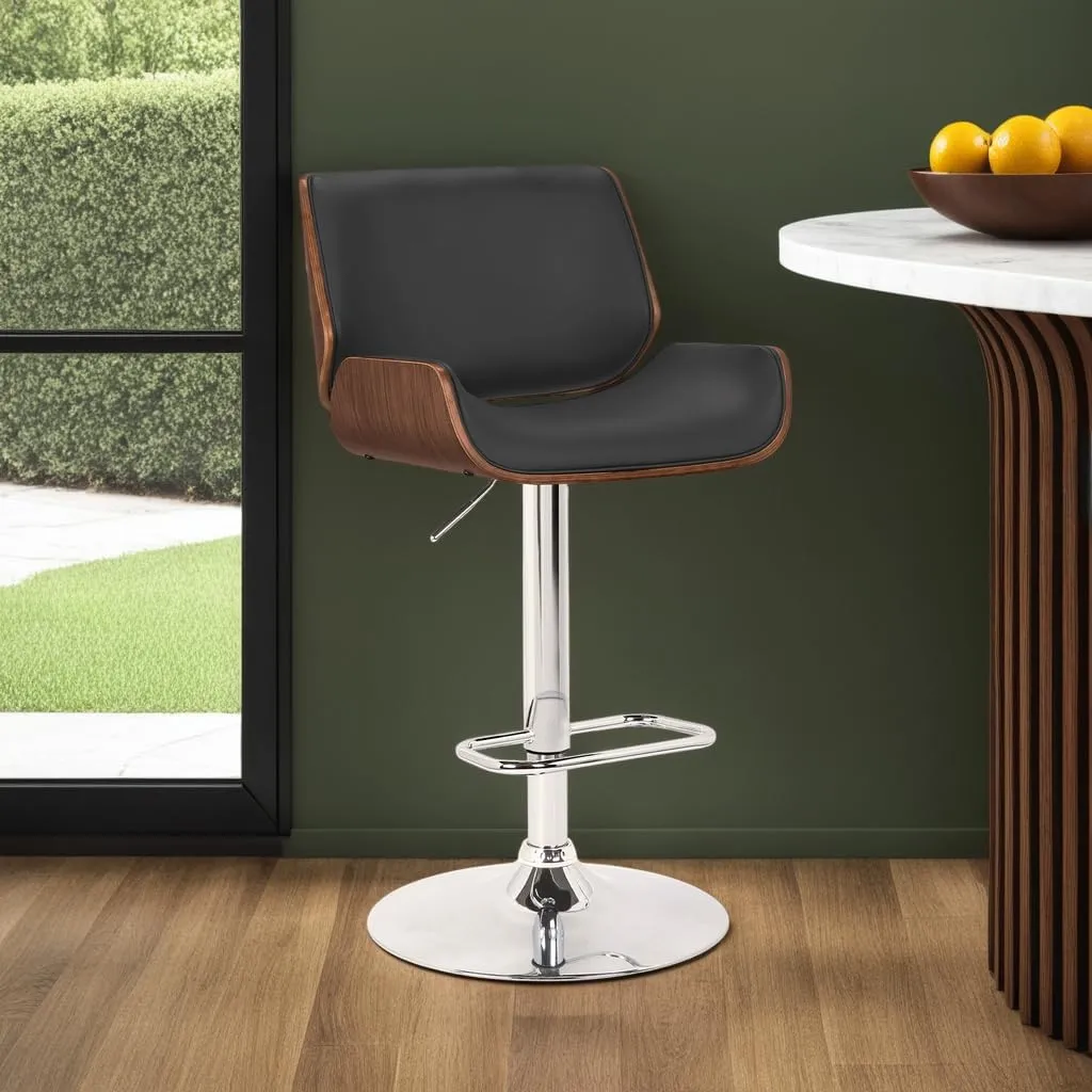 Armen Living London Modern Adjustable Height Swivel Black Faux Leather and Walnut Wood Bar Stool with Chrome Base for Kitchen Island Counter