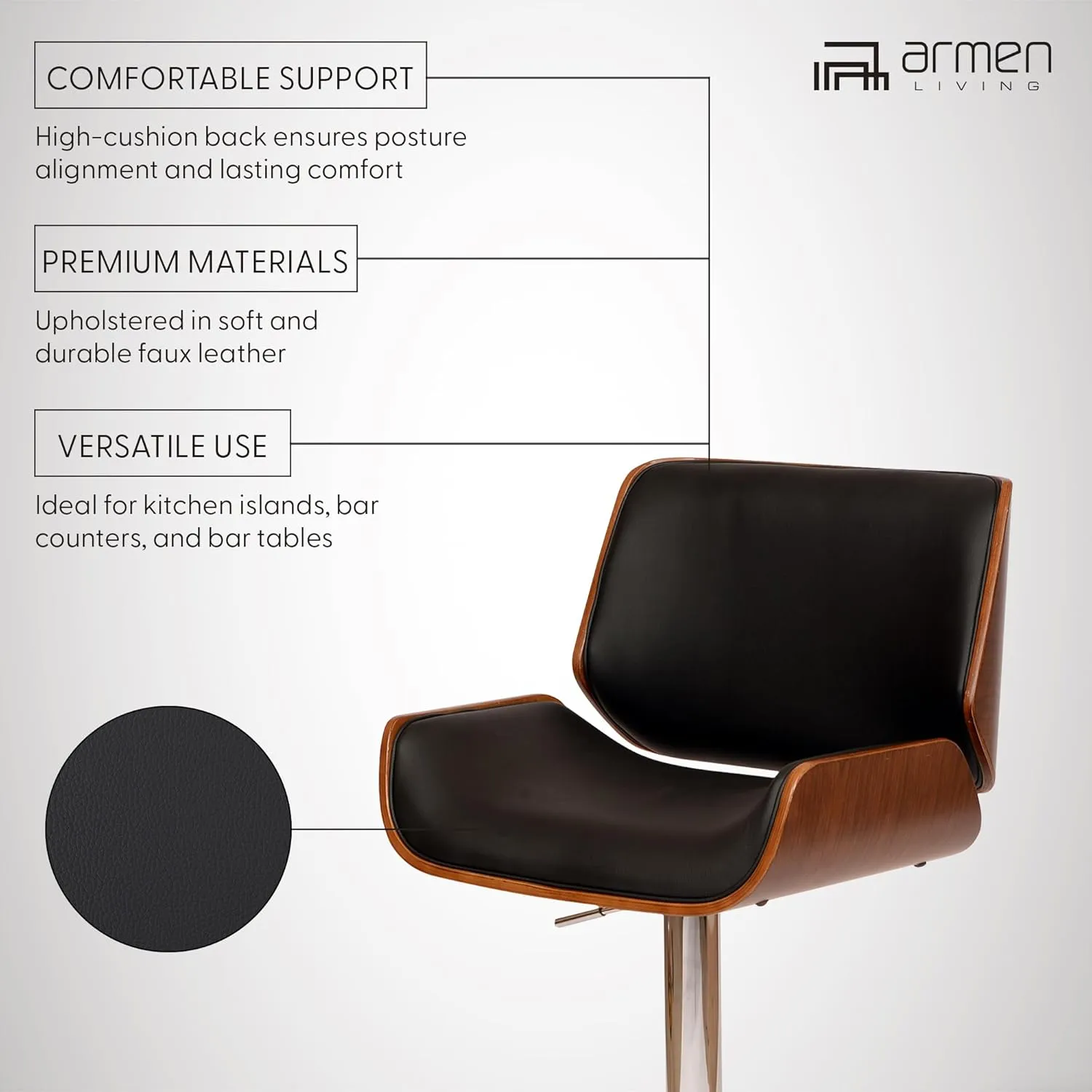 Armen Living London Modern Adjustable Height Swivel Black Faux Leather and Walnut Wood Bar Stool with Chrome Base for Kitchen Island Counter