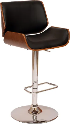 Armen Living London Modern Adjustable Height Swivel Black Faux Leather and Walnut Wood Bar Stool with Chrome Base for Kitchen Island Counter