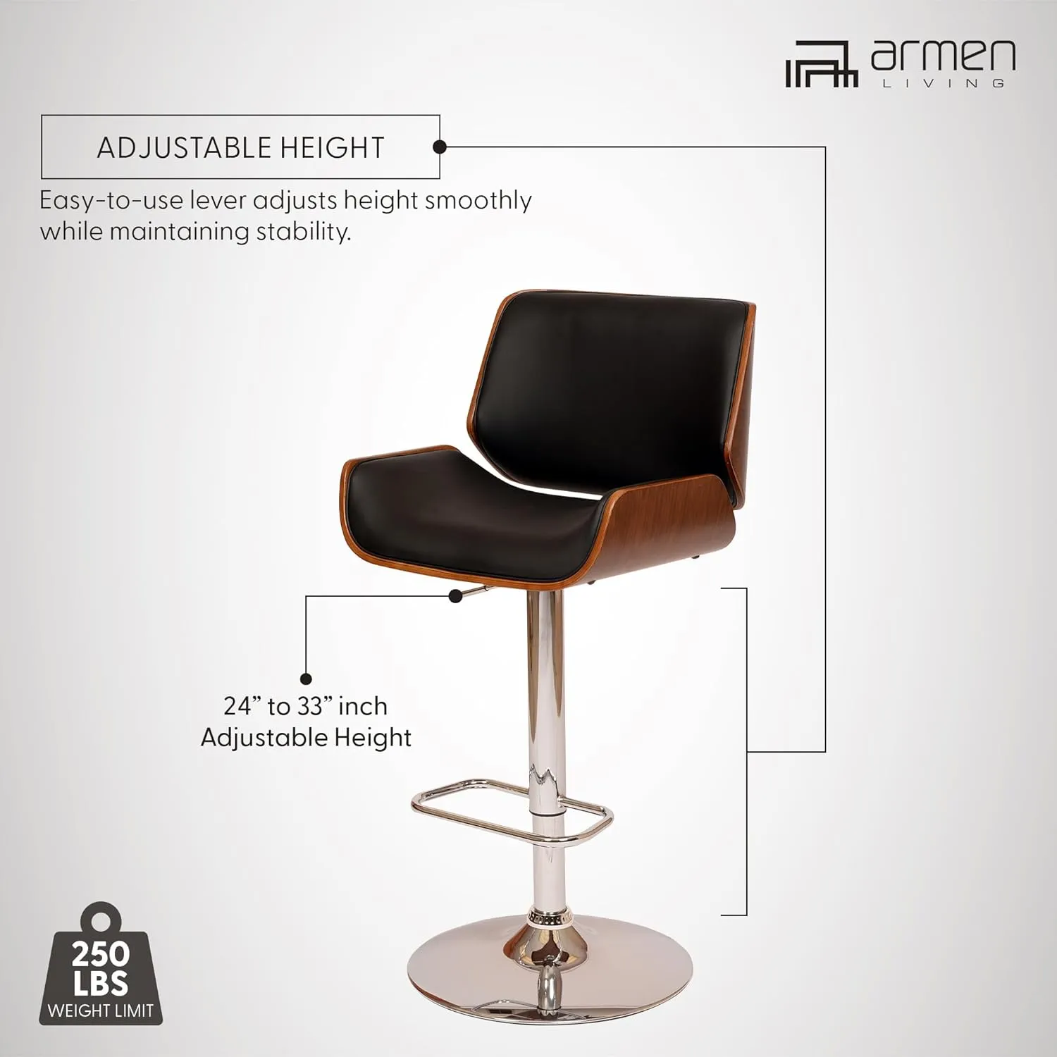 Armen Living London Modern Adjustable Height Swivel Black Faux Leather and Walnut Wood Bar Stool with Chrome Base for Kitchen Island Counter