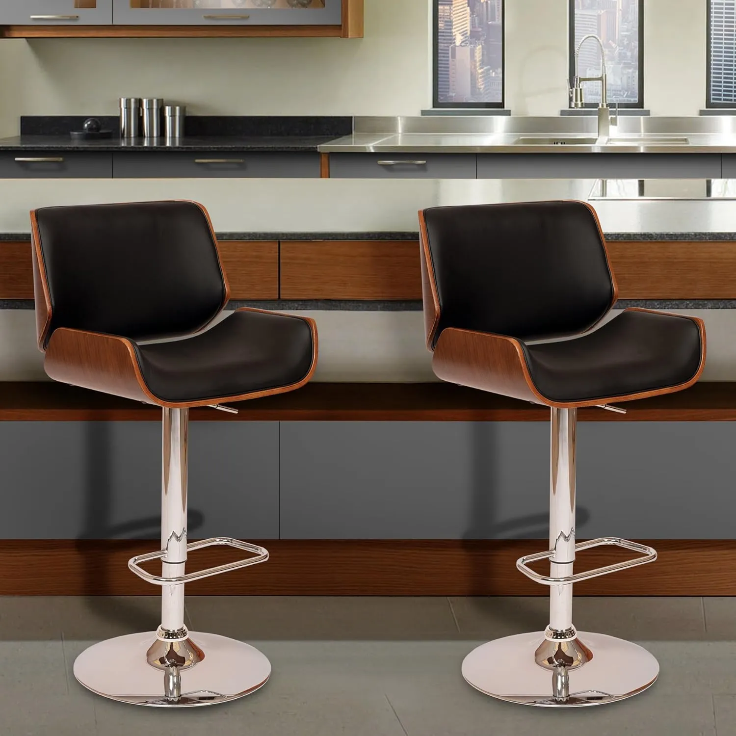 Armen Living London Modern Adjustable Height Swivel Black Faux Leather and Walnut Wood Bar Stool with Chrome Base for Kitchen Island Counter