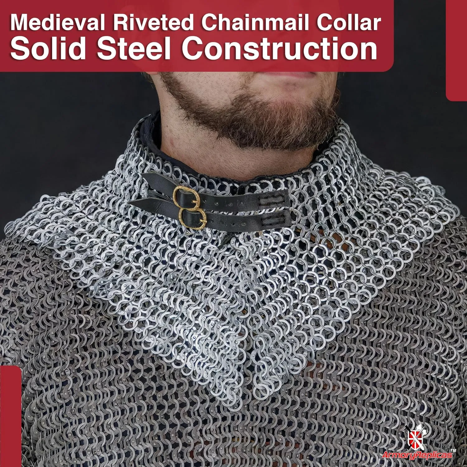 Armory Replicas™ Riveted Chainmail Collar – Mild Steel Neck Armor with Leather Inliner, Brass Buckle & Black Ring Design