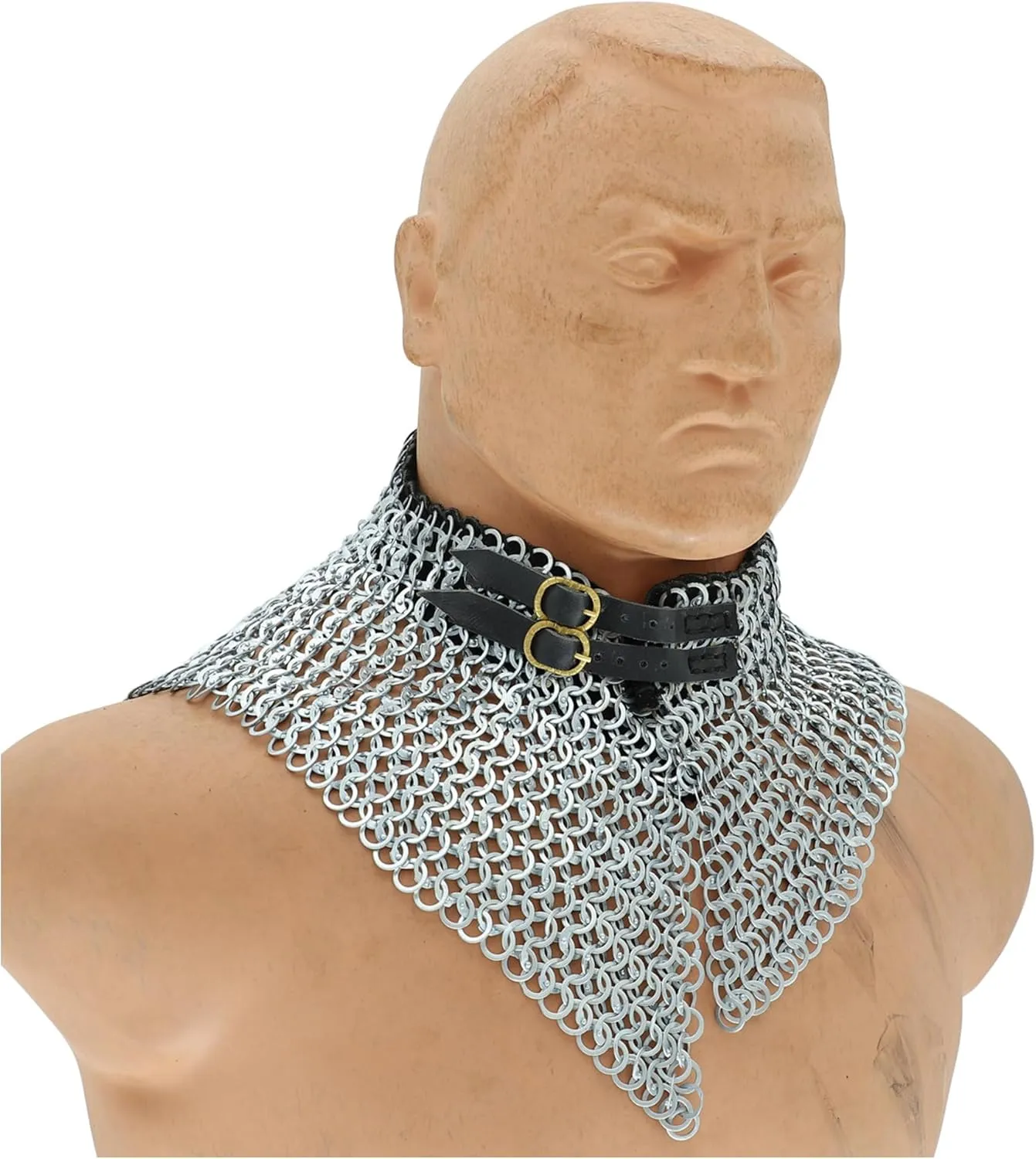 Armory Replicas™ Riveted Chainmail Collar – Mild Steel Neck Armor with Leather Inliner, Brass Buckle & Black Ring Design