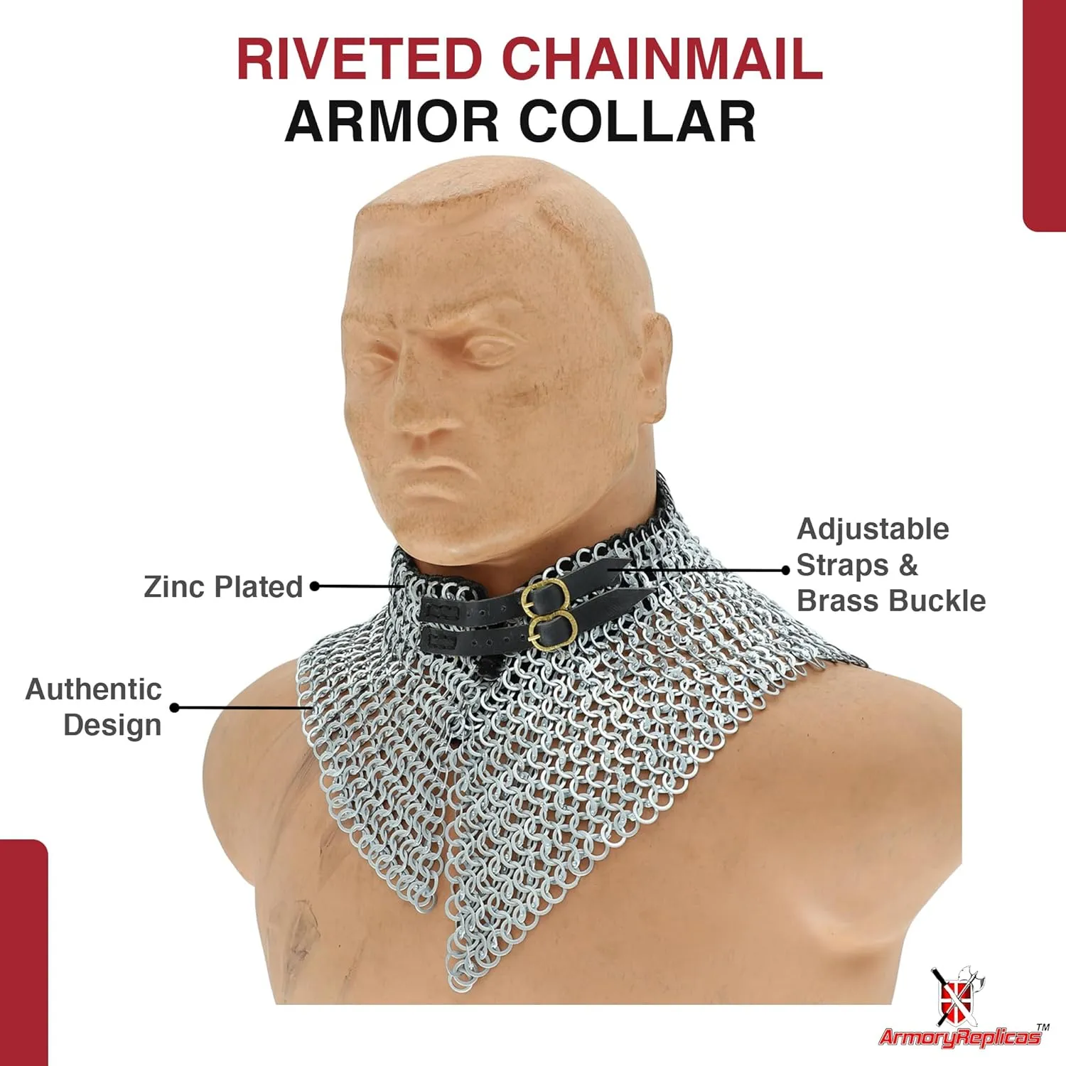 Armory Replicas™ Riveted Chainmail Collar – Mild Steel Neck Armor with Leather Inliner, Brass Buckle & Black Ring Design
