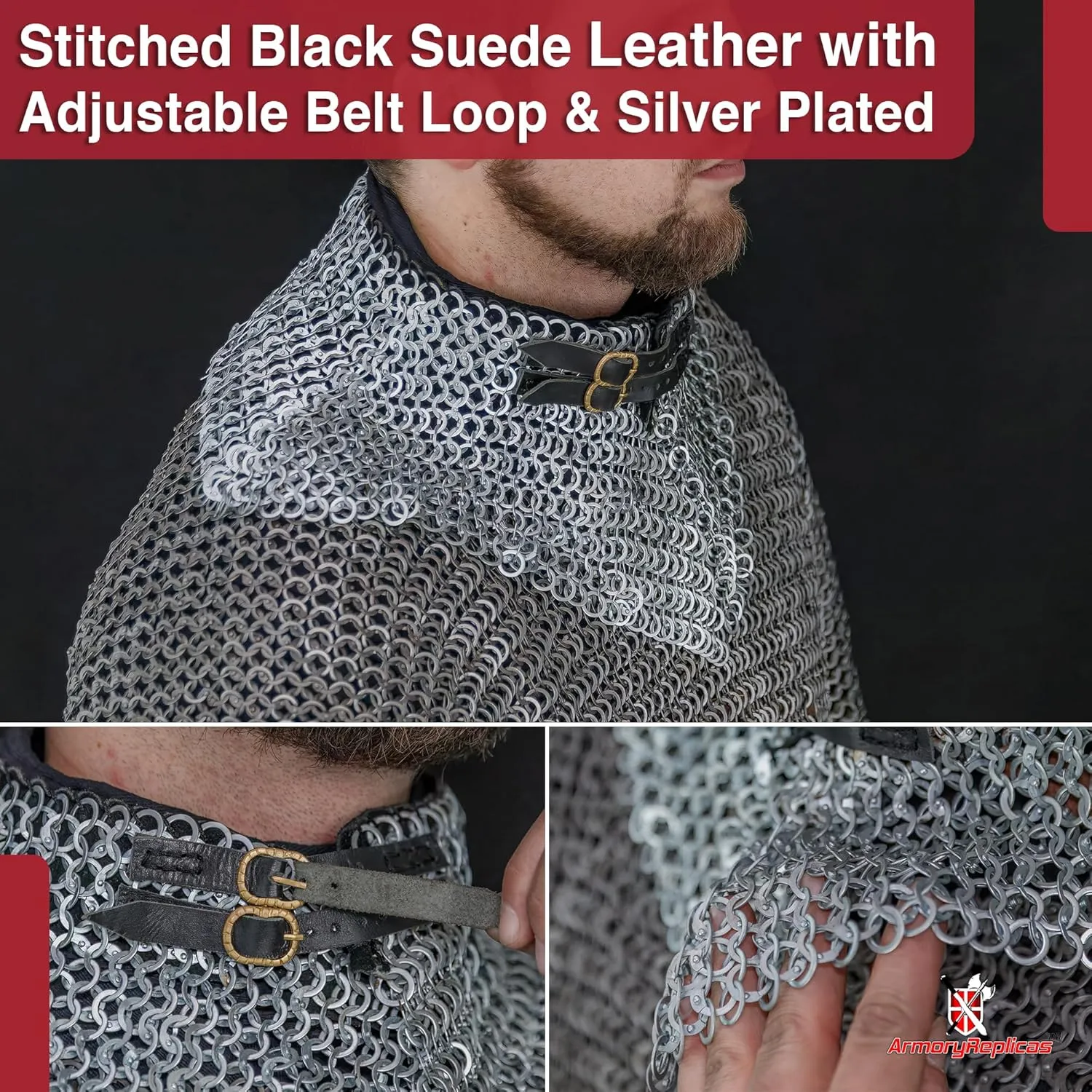 Armory Replicas™ Riveted Chainmail Collar – Mild Steel Neck Armor with Leather Inliner, Brass Buckle & Black Ring Design