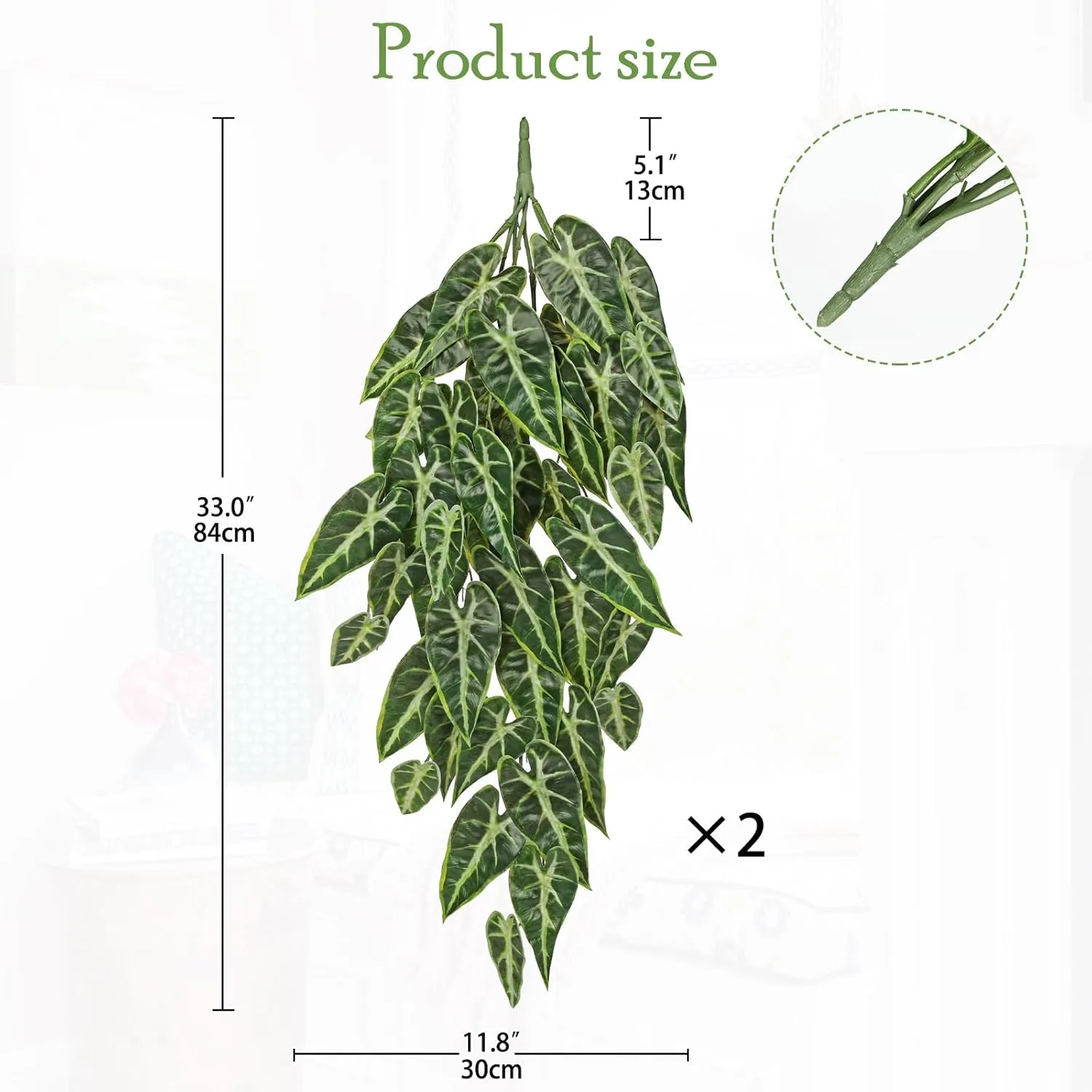 Artificial Hanging Plants Indoor Set of 2, 33" Fake Hanging Plants Alocasia Longiloba, Faux Hanging Plant Artificial Greenery Decor for Wall, Shelf, Living Room, Bathroom, Kitchen, Balcony