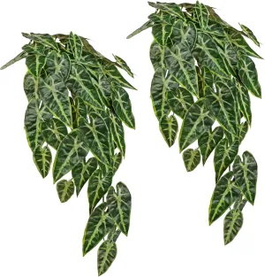 Artificial Hanging Plants Indoor Set of 2, 33" Fake Hanging Plants Alocasia Longiloba, Faux Hanging Plant Artificial Greenery Decor for Wall, Shelf, Living Room, Bathroom, Kitchen, Balcony