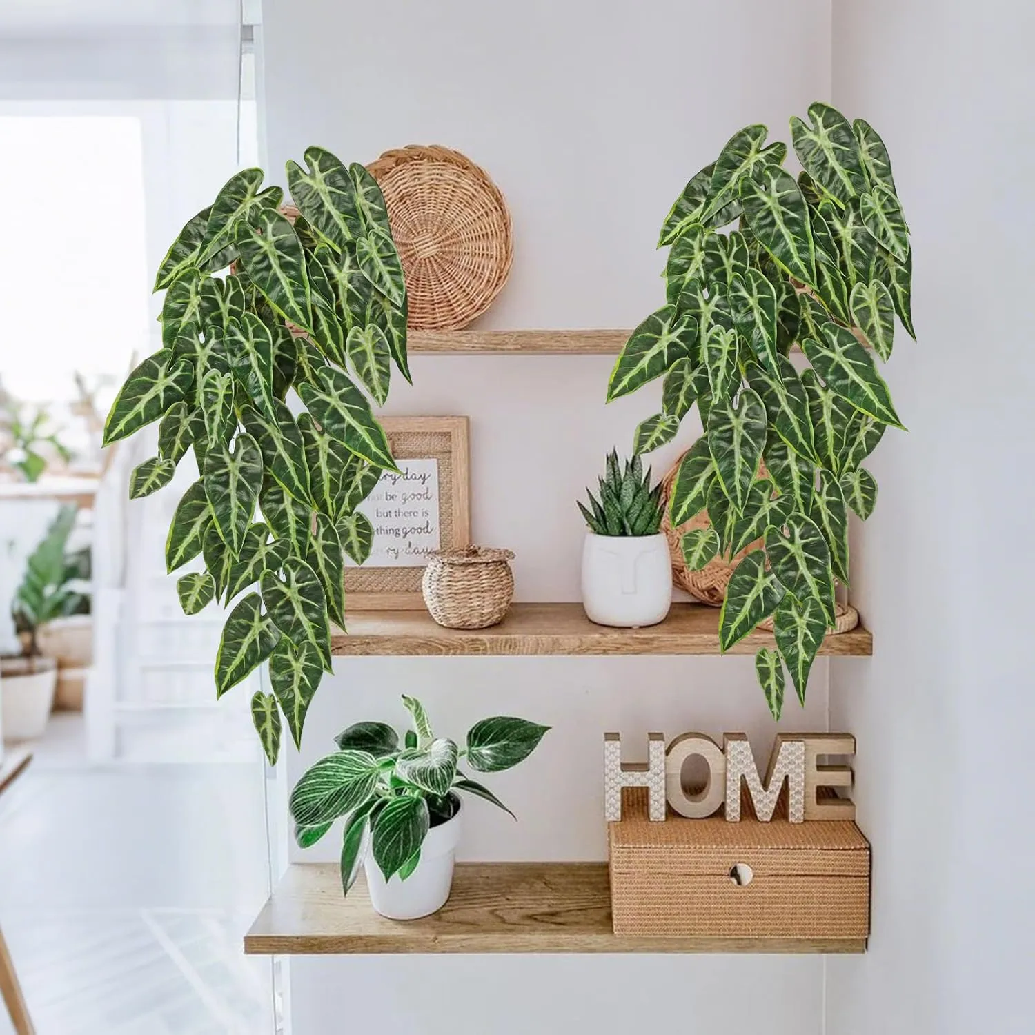 Artificial Hanging Plants Indoor Set of 2, 33" Fake Hanging Plants Alocasia Longiloba, Faux Hanging Plant Artificial Greenery Decor for Wall, Shelf, Living Room, Bathroom, Kitchen, Balcony