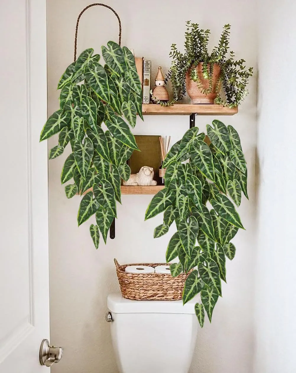 Artificial Hanging Plants Indoor Set of 2, 33" Fake Hanging Plants Alocasia Longiloba, Faux Hanging Plant Artificial Greenery Decor for Wall, Shelf, Living Room, Bathroom, Kitchen, Balcony