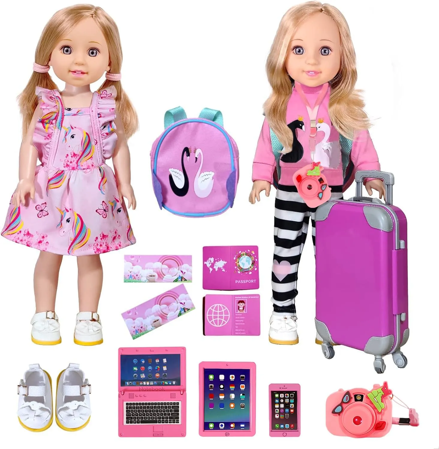 ARTST 14-Inch-Girl-Doll-Travel-Suitcase-Play-Set Doll- Clothes- Accessories Including Luggage Cute Backpack 2 Sets of Clothes- Shoes Camera Computer Phone Tablet Passport (14 inch)