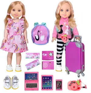 ARTST 14-Inch-Girl-Doll-Travel-Suitcase-Play-Set Doll- Clothes- Accessories Including Luggage Cute Backpack 2 Sets of Clothes- Shoes Camera Computer Phone Tablet Passport (14 inch)