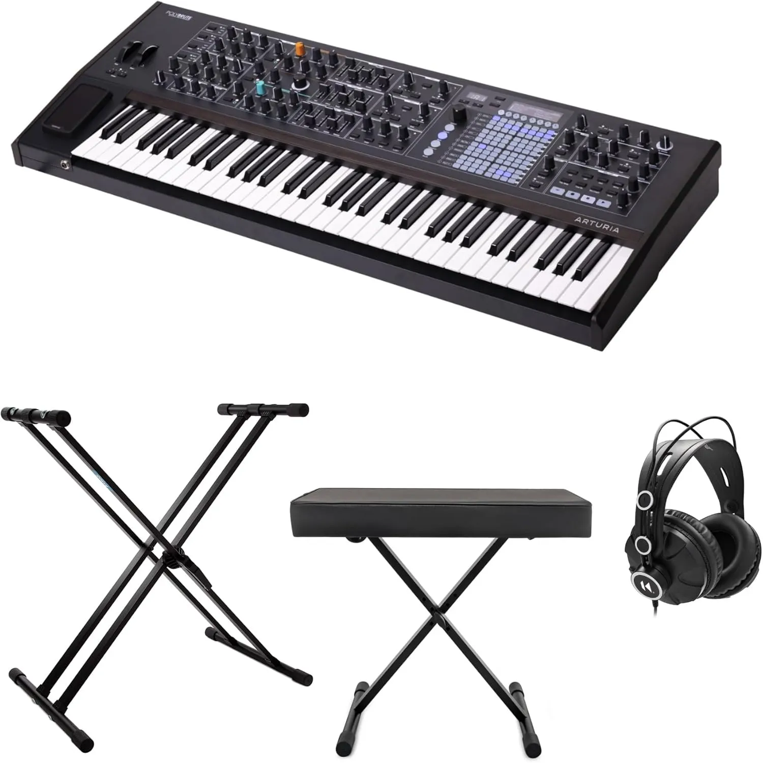 Arturia PolyBrute 6-Voice 61-Key Polyphonic Morphing Analog Sequencer (Noir) Bundle with Stand, Bench, and Studio Headphones (4 Items)