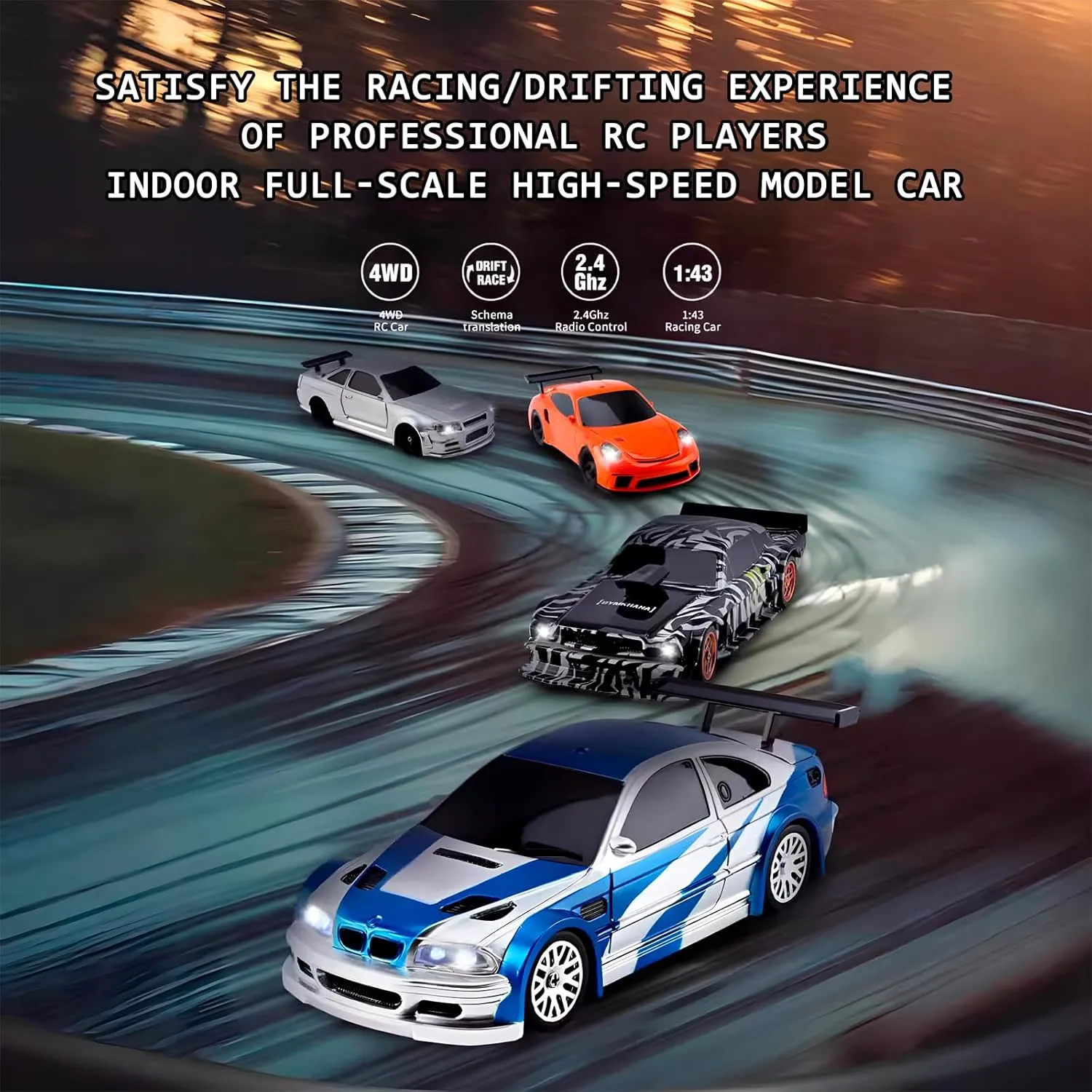 Atlodas 1/43 RC Drift Race Car With Gyro and Lights - 4WD Mini Radio Control High Speed Model Remote Control Drift Racing for Adults (Zebra Print)