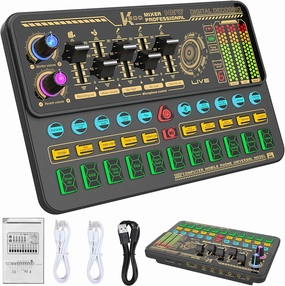 Audio Mixer With Effects, Live Sound Card with Volume Fader, Voice Changer, Sound Effects, LED Lights, for Karaoke, Streaming, Recording, Podcasting Sound Board for Kids, Gift, Gme, PS5