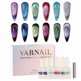 Aurora Cat Eye Gel Polish Set 6 Colors, 15ML Glitter 9D Clear Base Cat Eye Gel Polish with Magnet, Salon Quality Magnetic Soak off UV Gel Nail Polish Set