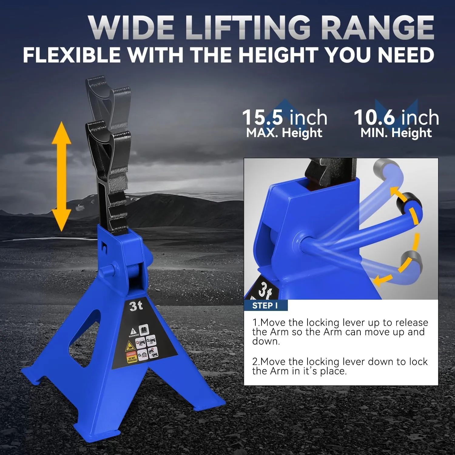 Auto Dynasty 2 pcs Jack Stands Garage Steel Lifting Car Stand Service Lift Floor Jack Stand, 3 Ton (6000 lbs), Lifting Range 10.6" to 15.5", for SUV, Car and Truck, Blue