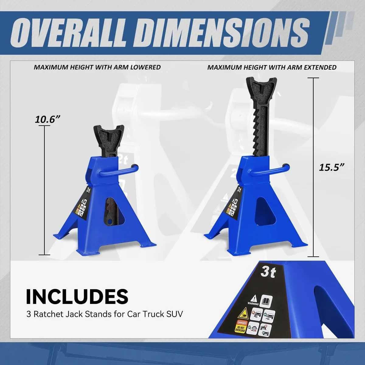 Auto Dynasty 2 pcs Jack Stands Garage Steel Lifting Car Stand Service Lift Floor Jack Stand, 3 Ton (6000 lbs), Lifting Range 10.6" to 15.5", for SUV, Car and Truck, Blue