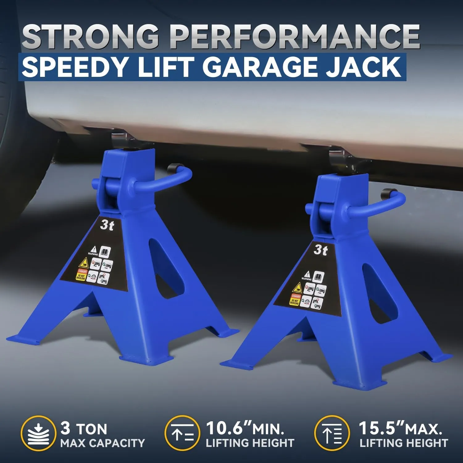 Auto Dynasty 2 pcs Jack Stands Garage Steel Lifting Car Stand Service Lift Floor Jack Stand, 3 Ton (6000 lbs), Lifting Range 10.6" to 15.5", for SUV, Car and Truck, Blue