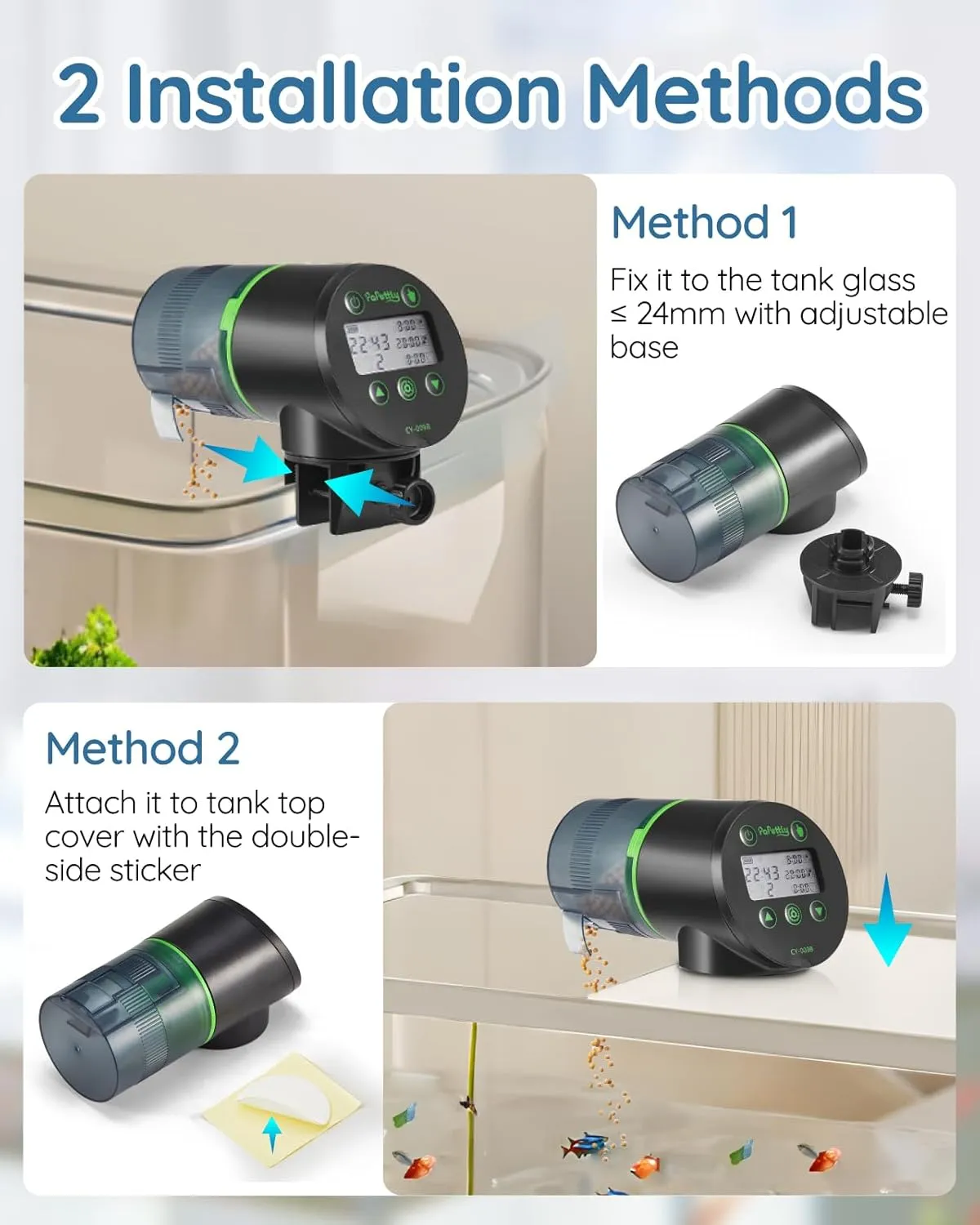 Automatic Fish Feeder for Aquarium, Auto Fish Food Dispenser with Timer and Feeding Ring, Moisture-Proof, Smart Fish Tank Vacation Feeder with 2 AAA Batteries