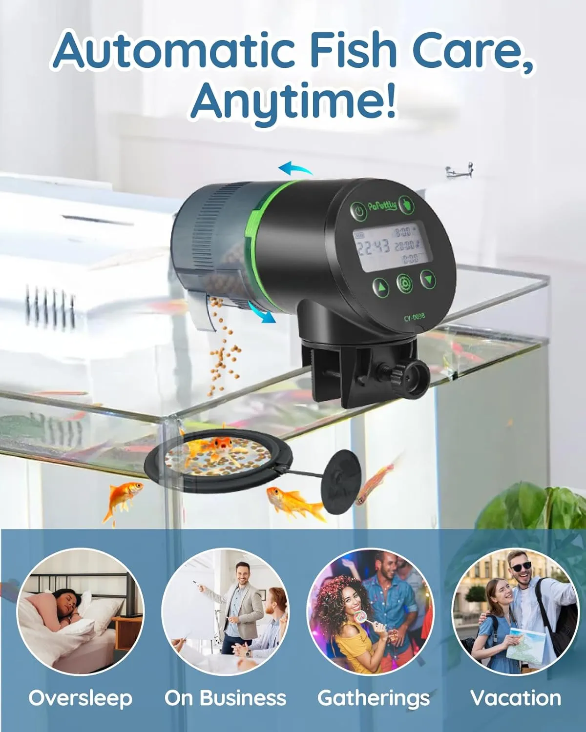 Automatic Fish Feeder for Aquarium, Auto Fish Food Dispenser with Timer and Feeding Ring, Moisture-Proof, Smart Fish Tank Vacation Feeder with 2 AAA Batteries