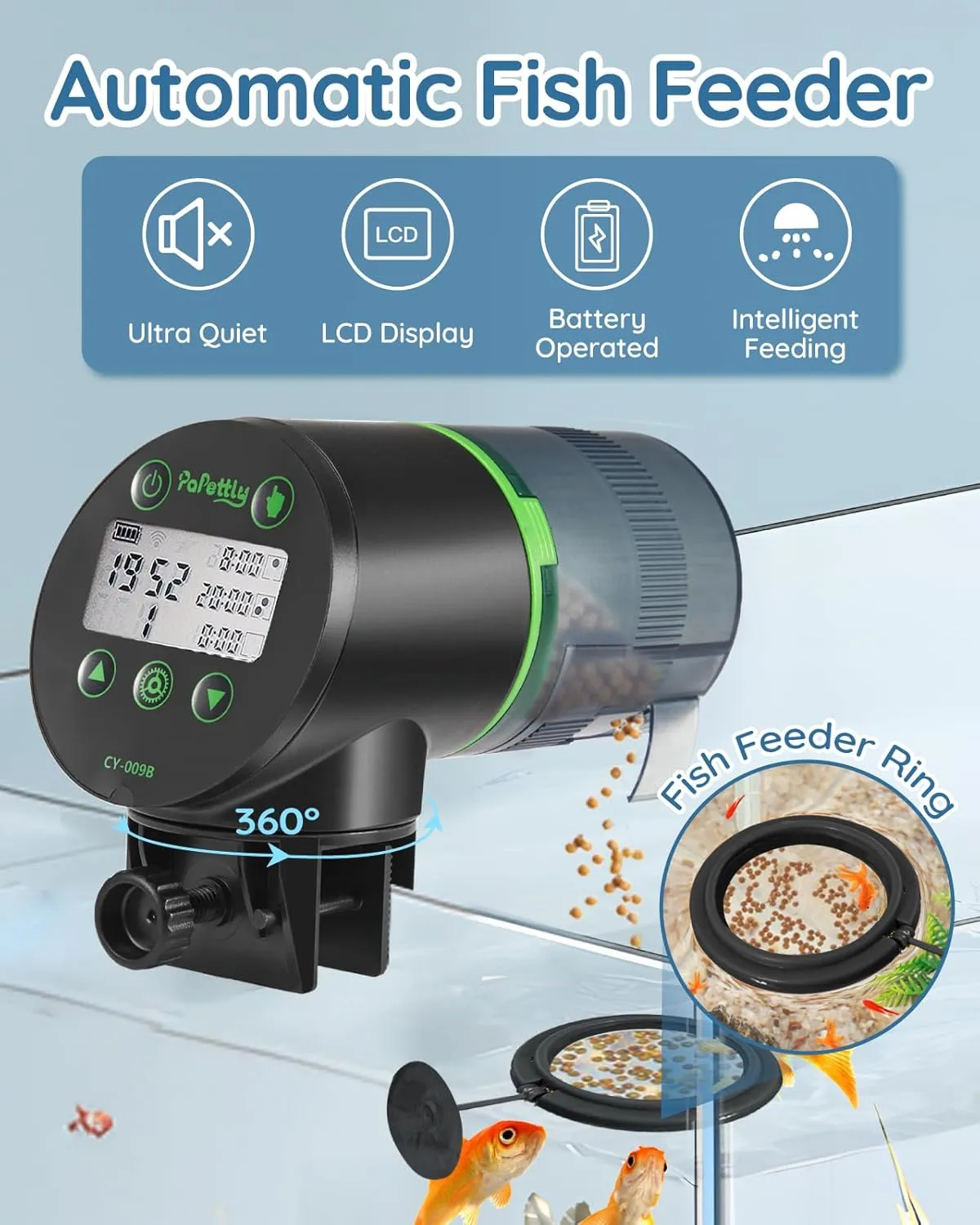Automatic Fish Feeder for Aquarium, Auto Fish Food Dispenser with Timer and Feeding Ring, Moisture-Proof, Smart Fish Tank Vacation Feeder with 2 AAA Batteries