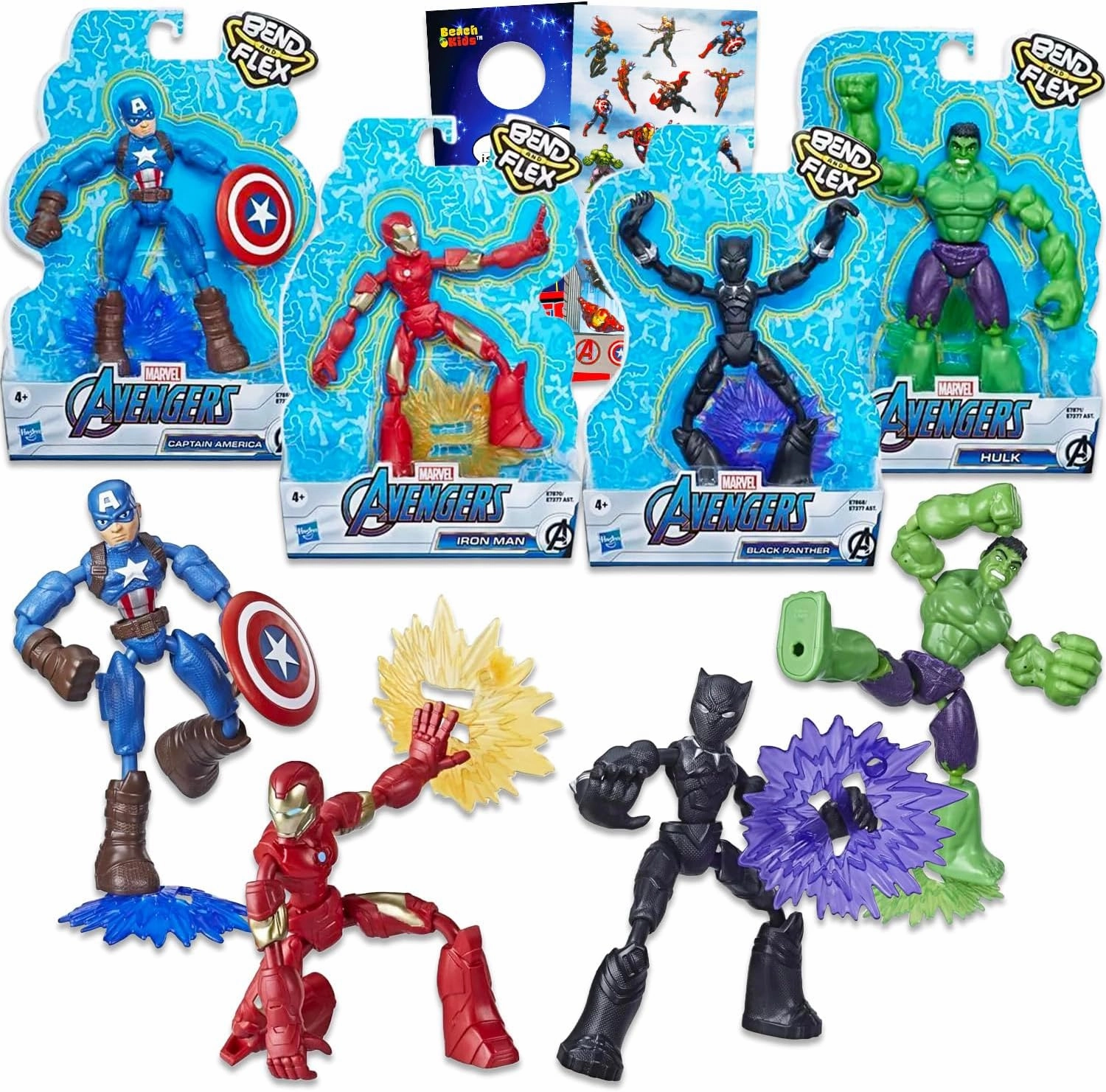 Avengers Action Figures Bend and Flex Toys - 4 Pack Bundle with Iron Man, Captain America, Black Panther, Hulk Flexible Figurines Plus Stickers, More | Marvel Bendable Action Figures for Boys