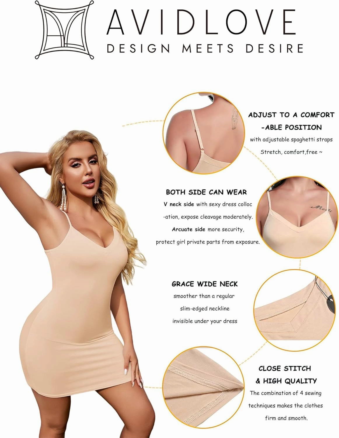 Avidlove Women's Full Slip Under Dress Adjustable Spaghetti Strap Camisole Mini Dress Knee Length Slips Nightwear
