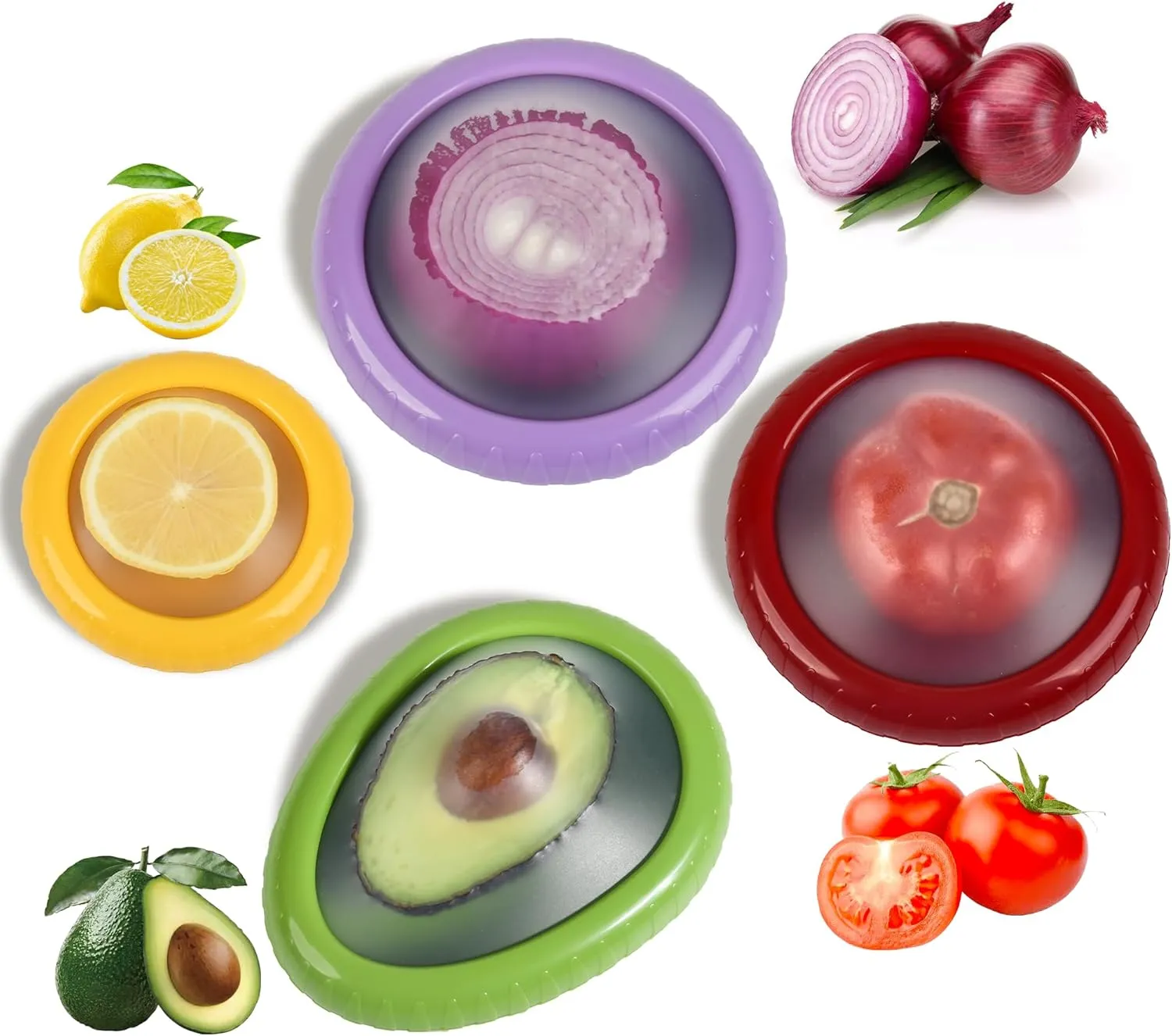 Avocado Saver Onion Storage,4PCS Reusable Silicone Food Storage Containers,Tomato Storage Container Lemon Holder For Fridge,Stretch Fresh Pods For food Huggers Fruit Vegetable Keeper