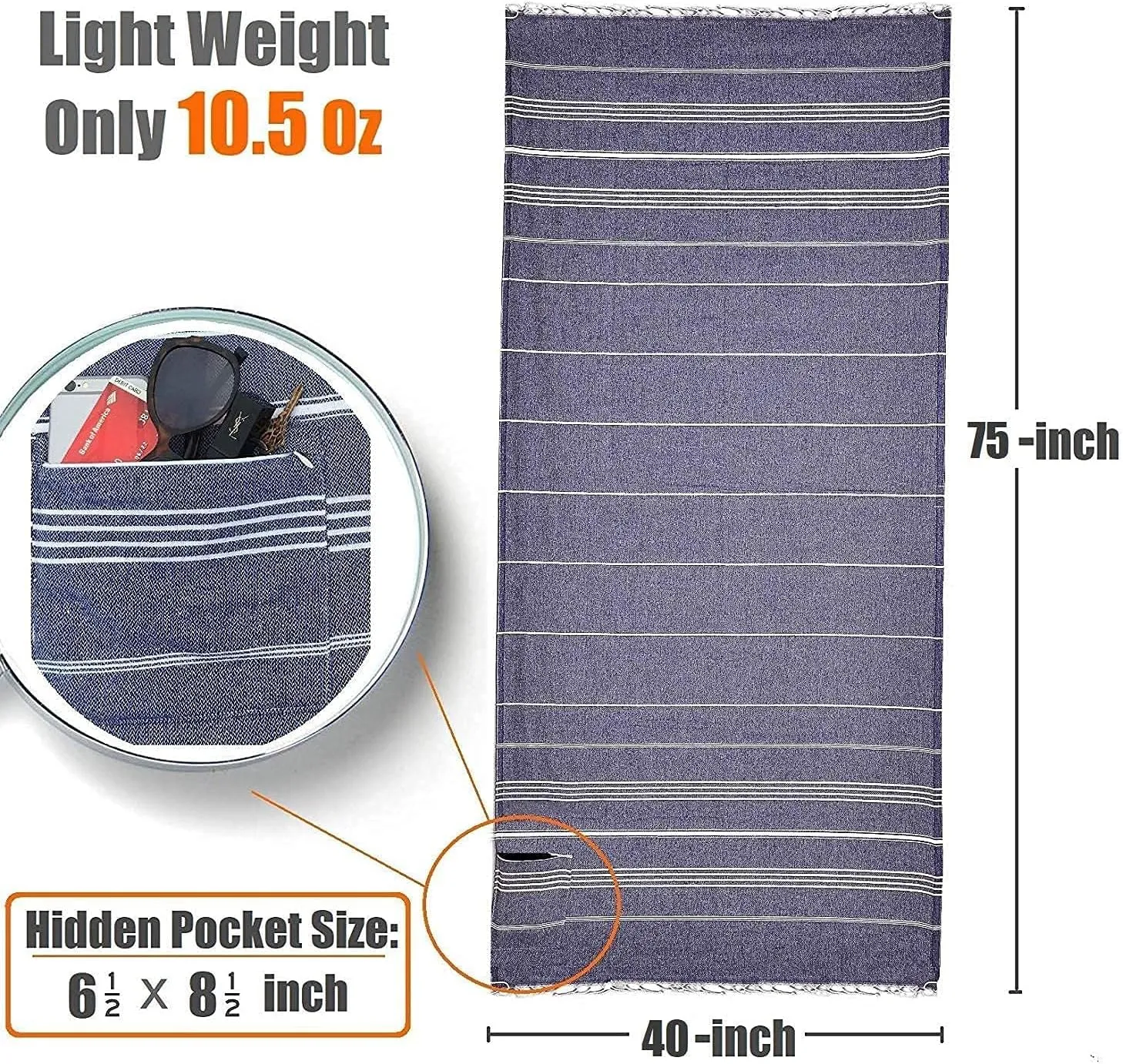 Aysesa-Sandproof Turkish Cotton Beach Towel Oversized w/Hidden-Pocket 75" Sand Free Blanket Extra Large Packable Travel Bath Towel Gift Men Women Made-in-Turkey