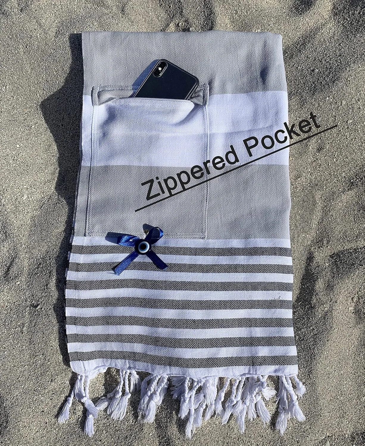Aysesa-Sandproof Turkish Cotton Beach Towel Oversized w/Hidden-Pocket 75" Sand Free Blanket Extra Large Packable Travel Bath Towel Gift Men Women Made-in-Turkey