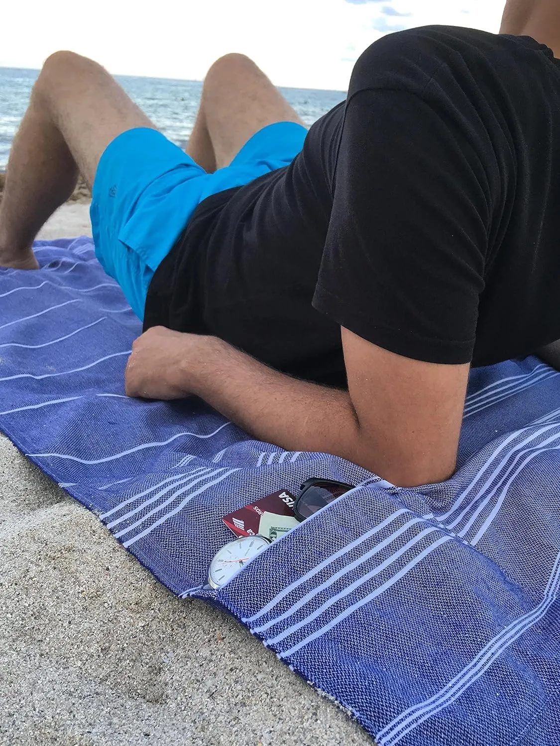 Aysesa-Sandproof Turkish Cotton Beach Towel Oversized w/Hidden-Pocket 75" Sand Free Blanket Extra Large Packable Travel Bath Towel Gift Men Women Made-in-Turkey