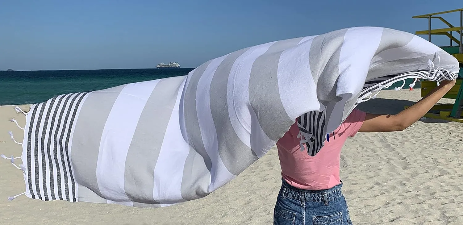 Aysesa-Sandproof Turkish Cotton Beach Towel Oversized w/Hidden-Pocket 75" Sand Free Blanket Extra Large Packable Travel Bath Towel Gift Men Women Made-in-Turkey